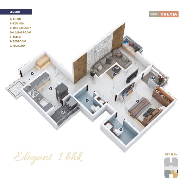 Floor plan of 1 BHK 498 Sq. Ft. Apartment in Akshay Yash Grecia, Pune