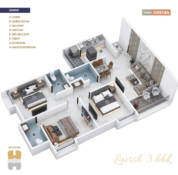 Floor plan of 3 BHK 806 Sq. Ft. Apartment in Akshay Yash Grecia, Pune