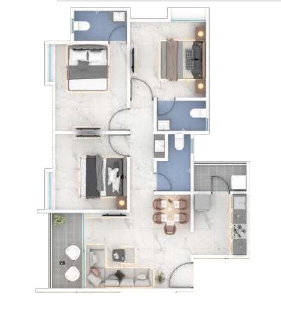 Floor plan of 3 BHK 884 Sq. Ft. Apartment in Akshay Yash Grecia, Pune