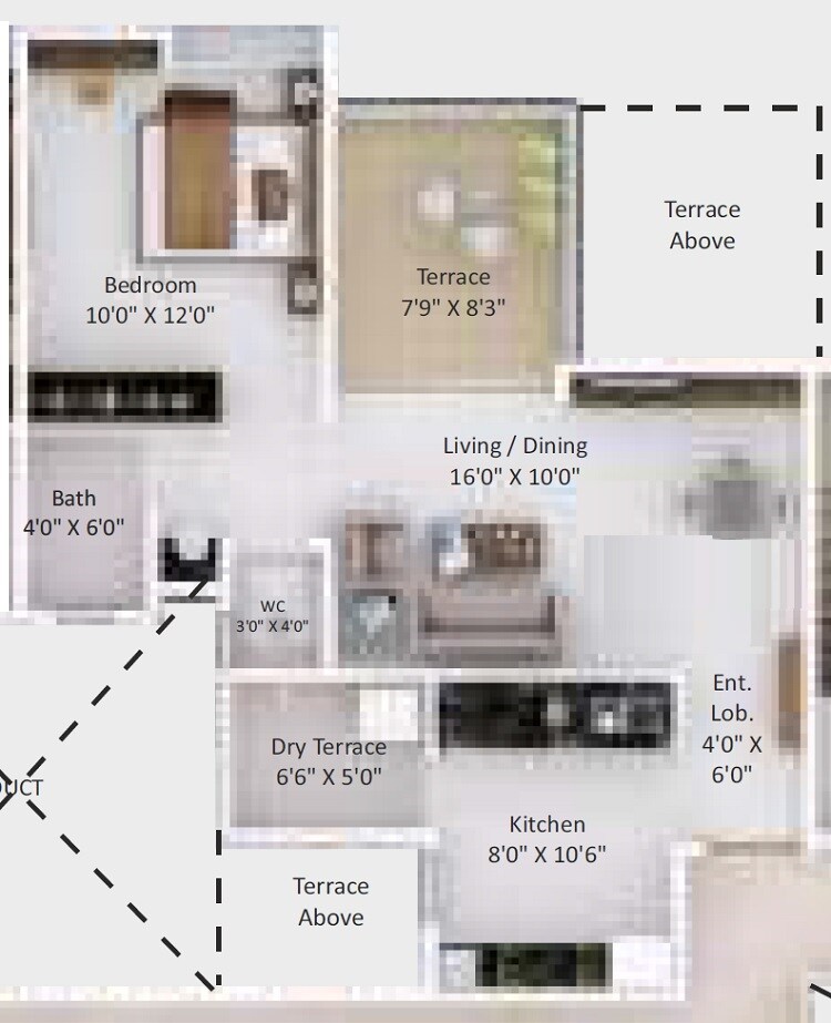 Floor plan of 1 BHK 445 Sq. Ft. Apartment in Alcon Mellows, Pune