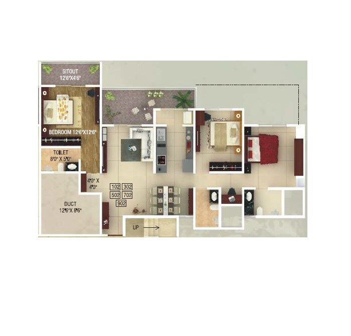 Floor plan of 3 BHK 1137 Sq. Ft. Apartment in Alcon Silverleaf, Pune