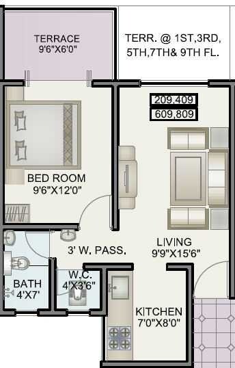 Floor plan of 1 BHK 605 Sq. Ft. Apartment in Alfa Homes Phase II, Pune