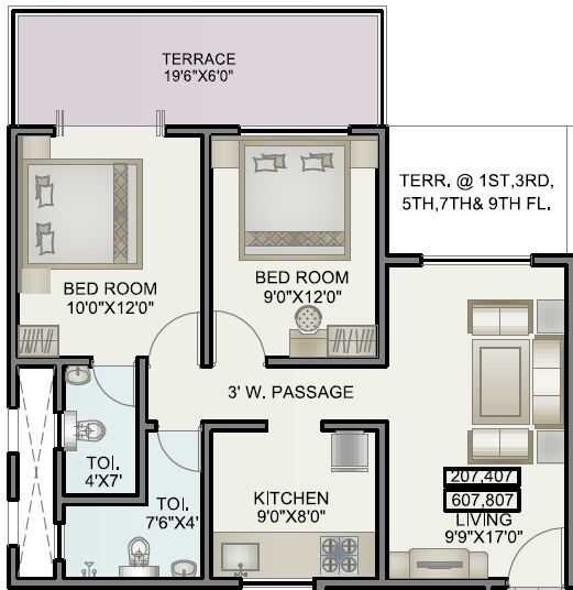 Floor plan of 2 BHK 865 Sq. Ft. Apartment in Alfa Homes Phase II, Pune