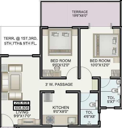Floor plan of 2 BHK 943 Sq. Ft. Apartment in Alfa Homes Phase II, Pune