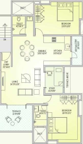 Floor plan of 2 BHK 1116 Sq. Ft. Apartment in Alliance Chitralekha, Pune
