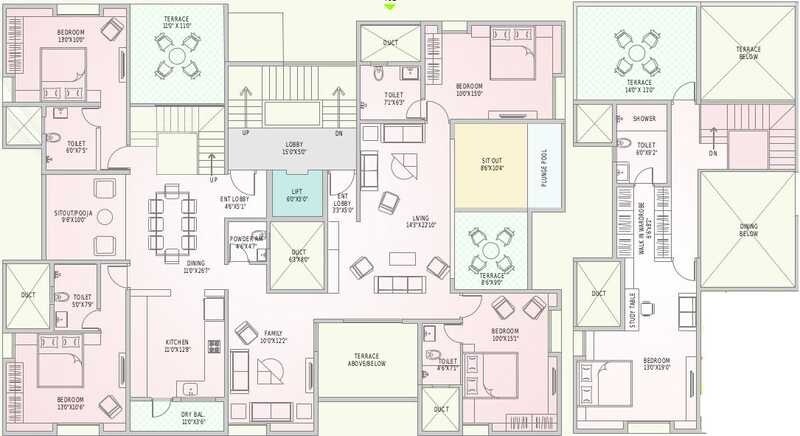Floor plan of 5 BHK 3587 Sq. Ft. Apartment in Alliance Chitralekha, Pune