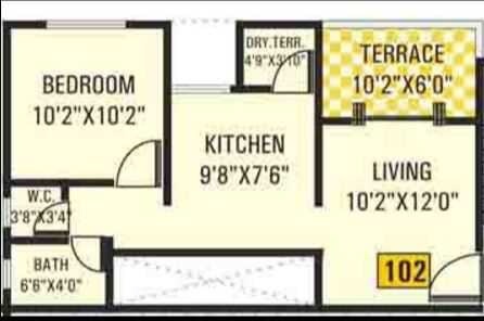 Floor plan of 1 BHK 592 Sq. Ft. Apartment in Alpine Aura, Pune