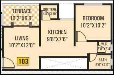 Floor plan of 1 BHK 661 Sq. Ft. Apartment in Alpine Aura, Pune