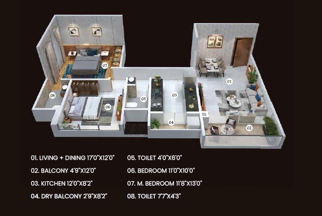 Floor plan of 2 BHK 751 Sq. Ft. Apartment in AM Gore Urban Front, Pune