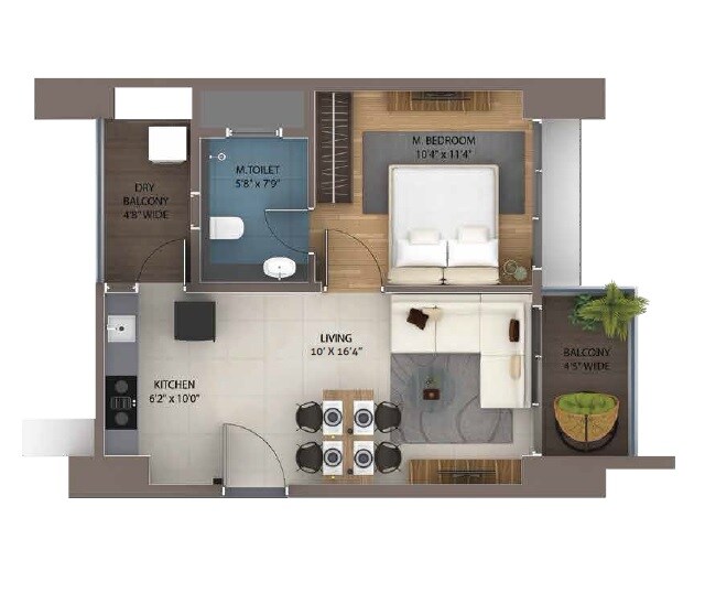 Floor plan of 1 BHK 383 Sq. Ft. Apartment in Amanora Adreno Towers, Pune