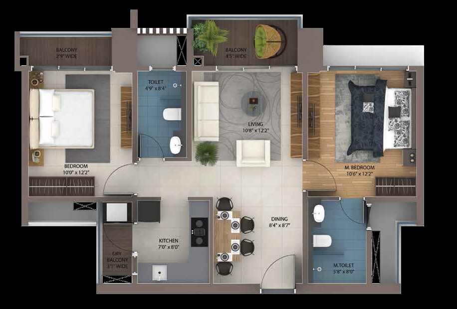 Floor plan of 2 BHK 679 Sq. Ft. Apartment in Amanora Adreno Towers, Pune