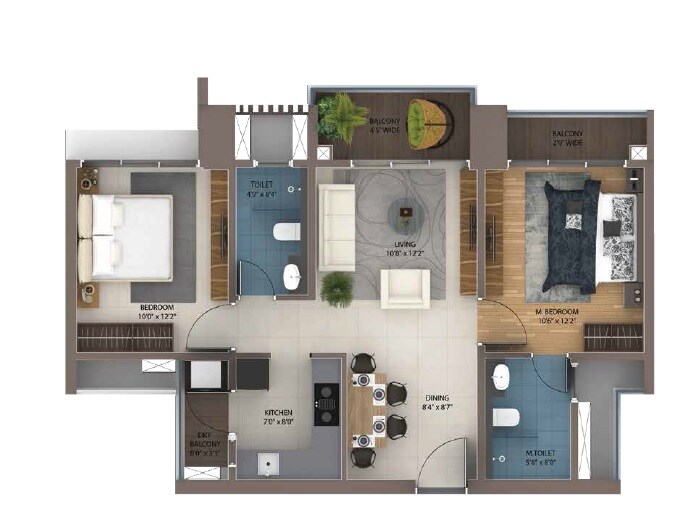 Floor plan of 2 BHK 808 Sq. Ft. Apartment in Amanora Adreno Towers, Pune