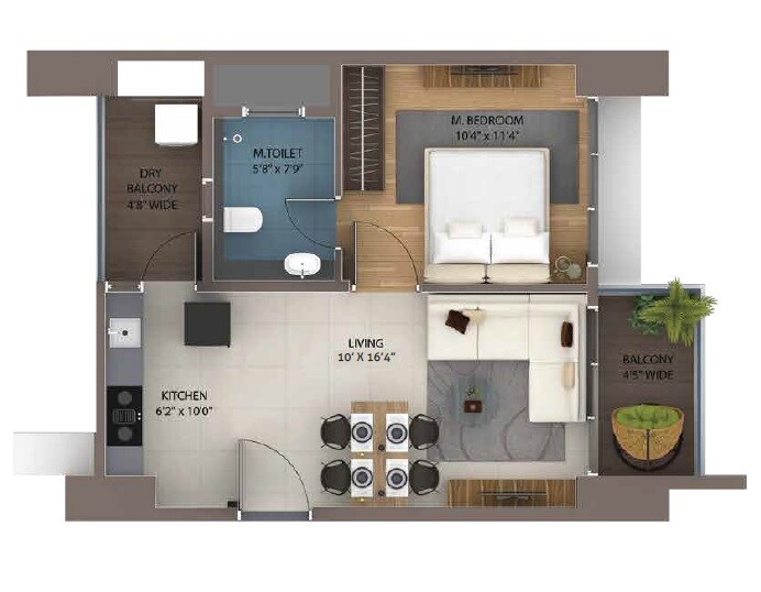 Floor plan of 1 BHK 405 Sq. Ft. Apartment in Amanora Ascent Towers, Pune