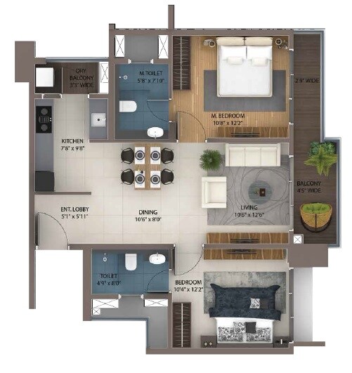 Floor plan of 2 BHK 656 Sq. Ft. Apartment in Amanora Ascent Towers, Pune