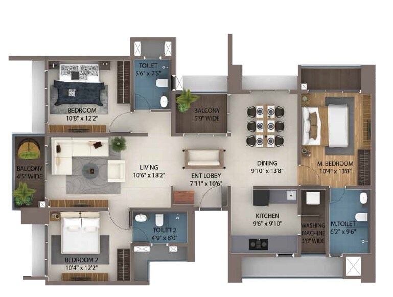 Floor plan of 3 BHK 1002 Sq. Ft. Apartment in Amanora Ascent Towers, Pune