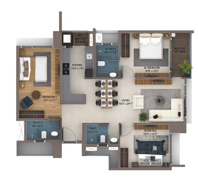 Floor plan of 3 BHK 1139 Sq. Ft. Apartment in Amanora Ascent Towers, Pune