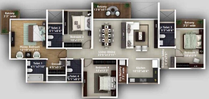 Floor plan of 4 BHK 3315 Sq. Ft. Apartment in Amanora Aspire Towerss, Pune