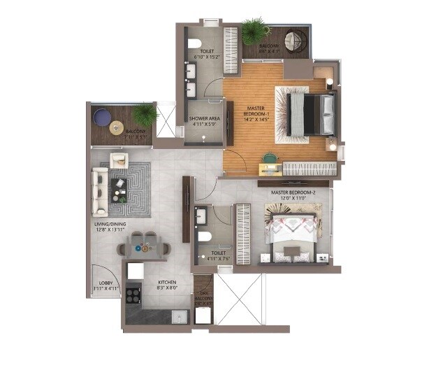 Floor plan of 2 BHK 657 Sq. Ft. Apartment in Amanora City Rise, Pune