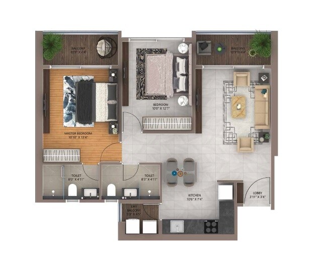 Floor plan of 2 BHK 687 Sq. Ft. Apartment in Amanora City Rise, Pune