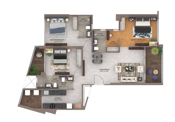 Floor plan of 3 BHK 1037 Sq. Ft. Apartment in Amanora City Rise, Pune