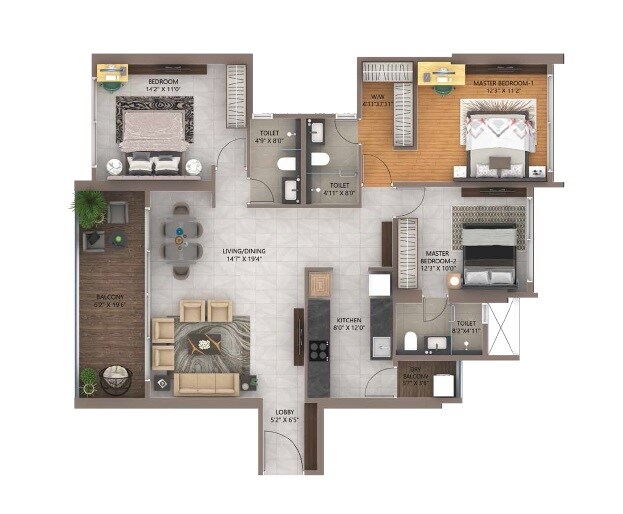 Floor plan of 3 BHK 984 Sq. Ft. Apartment in Amanora City Rise, Pune