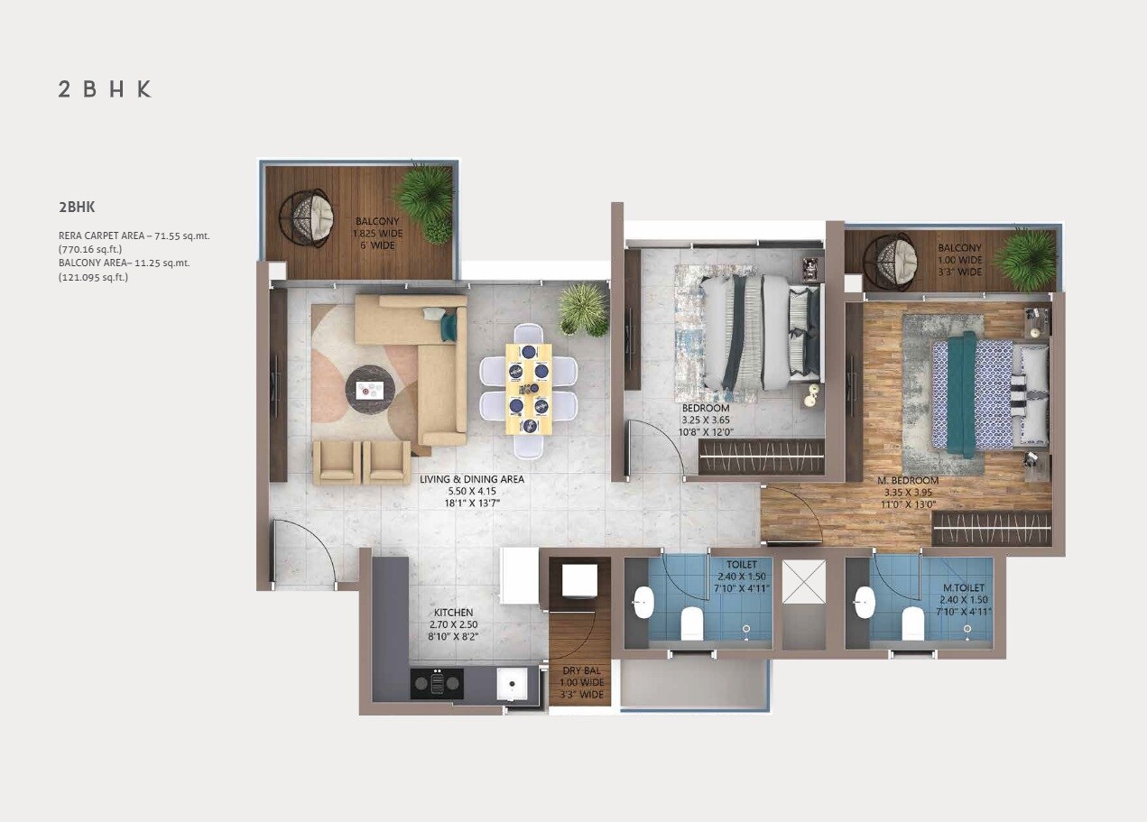 Floor plan of 2 BHK 770 Sq. Ft. Apartment in Amanora Elivate Tower, Pune
