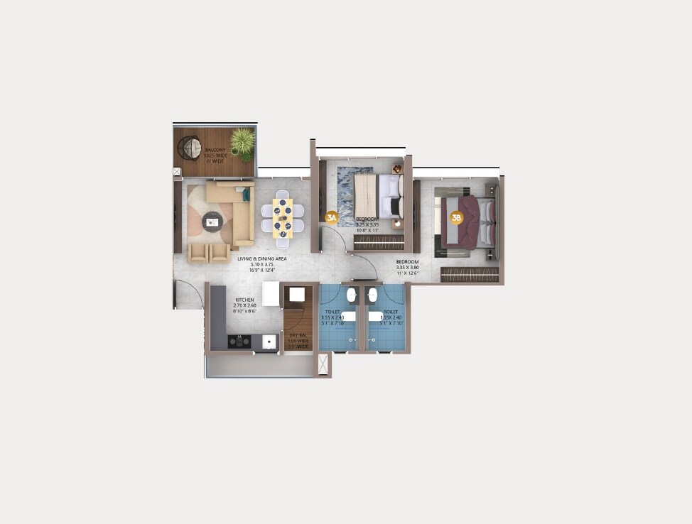 Floor plan of 2 BHK 863 Sq. Ft. Apartment in Amanora Elivate Tower, Pune
