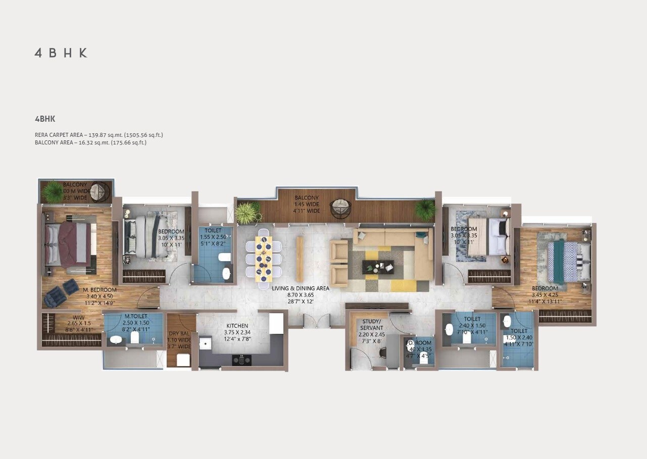 Floor plan of 4 BHK 1506 Sq. Ft. Apartment in Amanora Elivate Tower, Pune