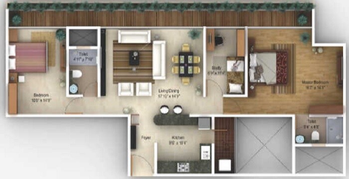 Floor plan of 2 BHK 1083 Sq. Ft. Apartment in Amanora Gateway Towers, Pune