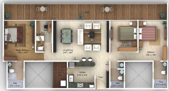 Floor plan of 3 BHK 1588 Sq. Ft. Apartment in Amanora Gateway Towers, Pune