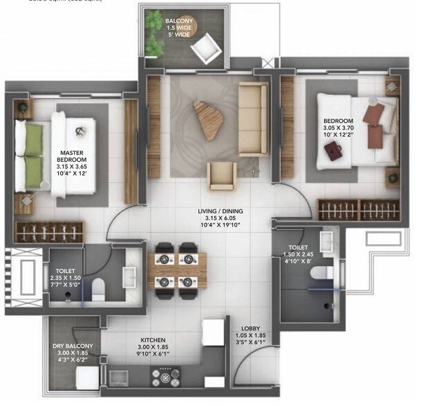 Floor plan of 2 BHK 579 Sq. Ft. Apartment in Amanora Gold Towers, Pune