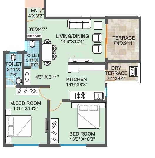 2 BHK 614 Sq. Ft. Apartment