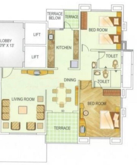 Floor plan of 2 BHK 1217 Sq. Ft. Apartment in Amar Ornate, Pune