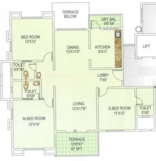 Floor plan of 3 BHK 1485 Sq. Ft. Apartment in Amar Ornate, Pune