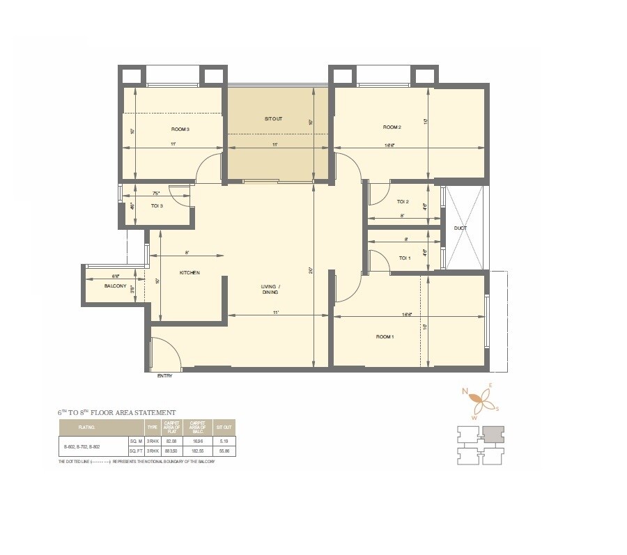 Floor plan of 3 BHK 1063 Sq. Ft. Apartment in Amar Serenity, Pune