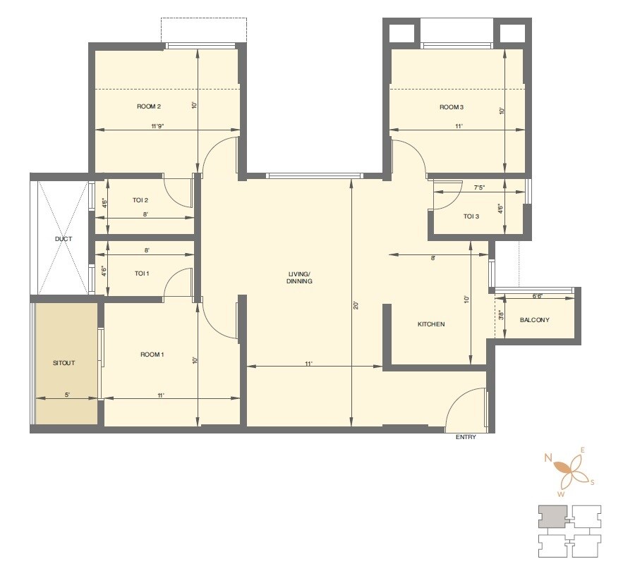 Floor plan of 3 BHK 802 Sq. Ft. Apartment in Amar Serenity, Pune