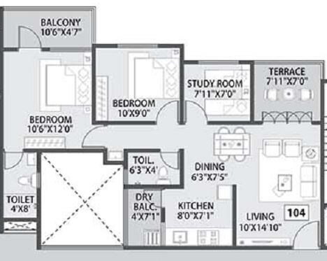 Floor plan of 2 BHK 785 Sq. Ft. Apartment in Siddh Amara, Pune