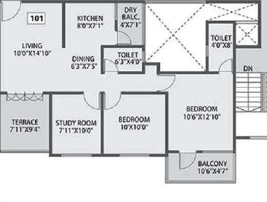 Floor plan of 2 BHK 841 Sq. Ft. Apartment in Siddh Amara, Pune