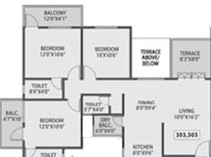 Floor plan of 3 BHK 1048 Sq. Ft. Apartment in Siddh Amara, Pune