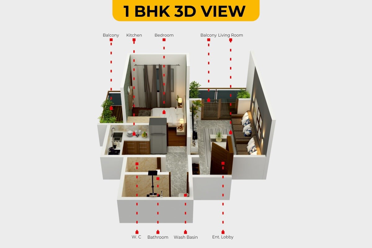Floor plan of 1 BHK 394 Sq. Ft. Apartment in Amarnath Amora Tower, Pune