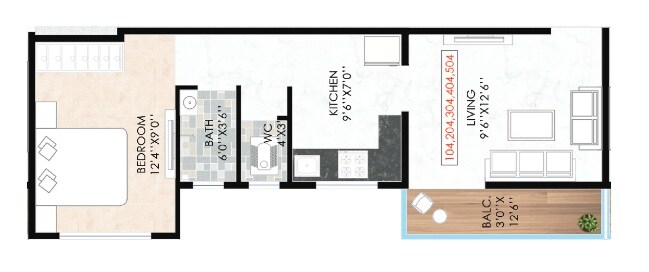 Floor plan of 1 BHK 419 Sq. Ft. Apartment in Amarnath Jagatguru Heights, Pune