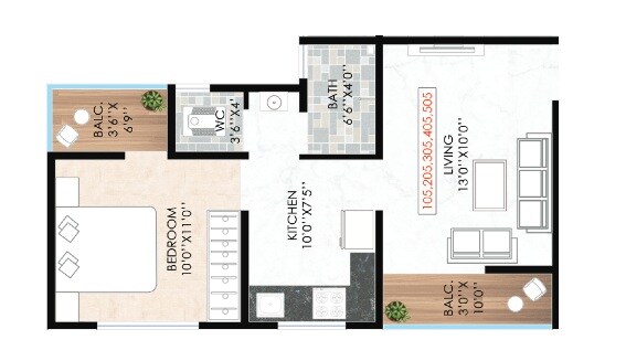 Floor plan of 1 BHK 442 Sq. Ft. Apartment in Amarnath Jagatguru Heights, Pune