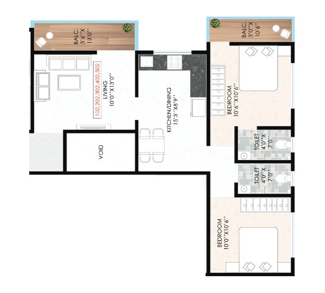 Floor plan of 2 BHK 682 Sq. Ft. Apartment in Amarnath Jagatguru Heights, Pune