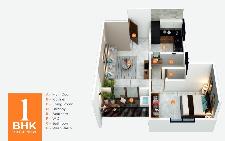 Floor plan of 1 BHK 446 Sq. Ft. Apartment in Amarnath River Nest, Pune