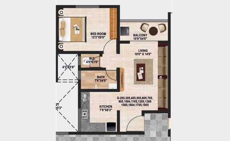 Floor plan of 1 BHK 465 Sq. Ft. Apartment in Amarnath River Nest, Pune
