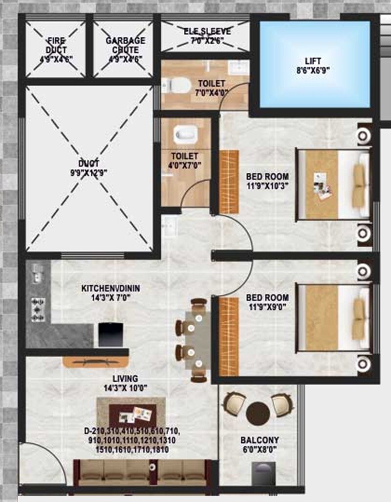 Floor plan of 2 BHK 707 Sq. Ft. Apartment in Amarnath River Nest, Pune