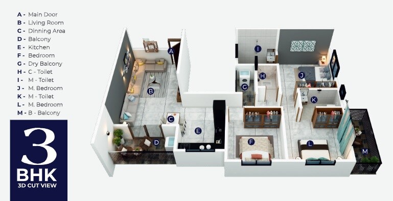 Floor plan of 3 BHK 924 Sq. Ft. Apartment in Amarnath River Nest, Pune