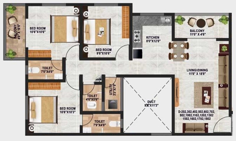 Floor plan of 3 BHK 945 Sq. Ft. Apartment in Amarnath River Nest, Pune