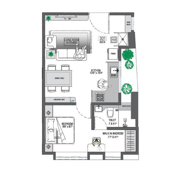 Floor plan of 1 BHK 404 Sq. Ft. Apartment in Ambalal Heera Mansion, Pune