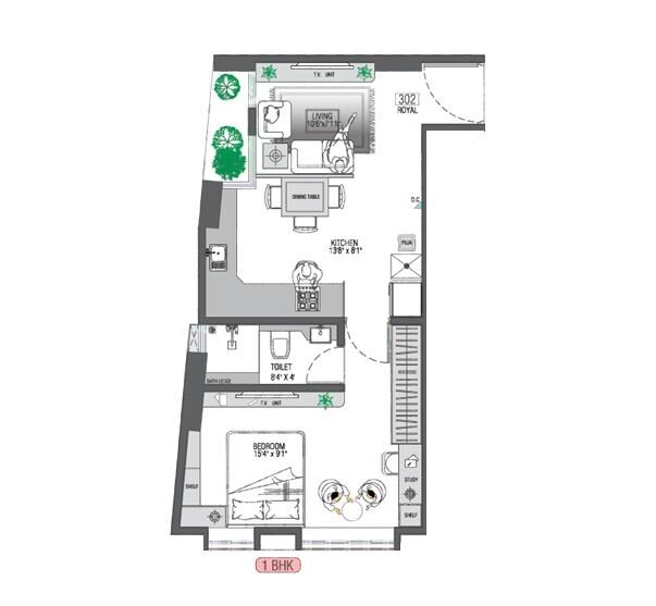Floor plan of 1 BHK 425 Sq. Ft. Apartment in Ambalal Heera Mansion, Pune